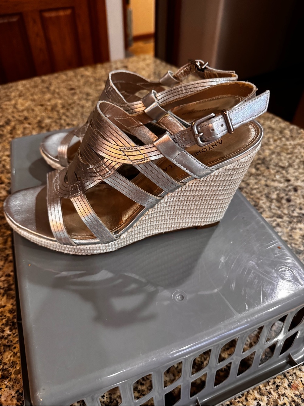 ANTONIO MELANI Silver Metallic Strappy Wedge Sandals